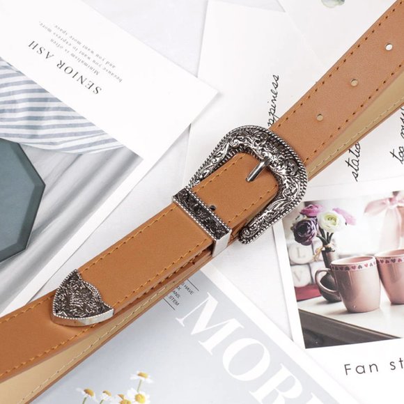 Western Belt Vintage Vegan Leather Camel Brown - Picture 4 of 8